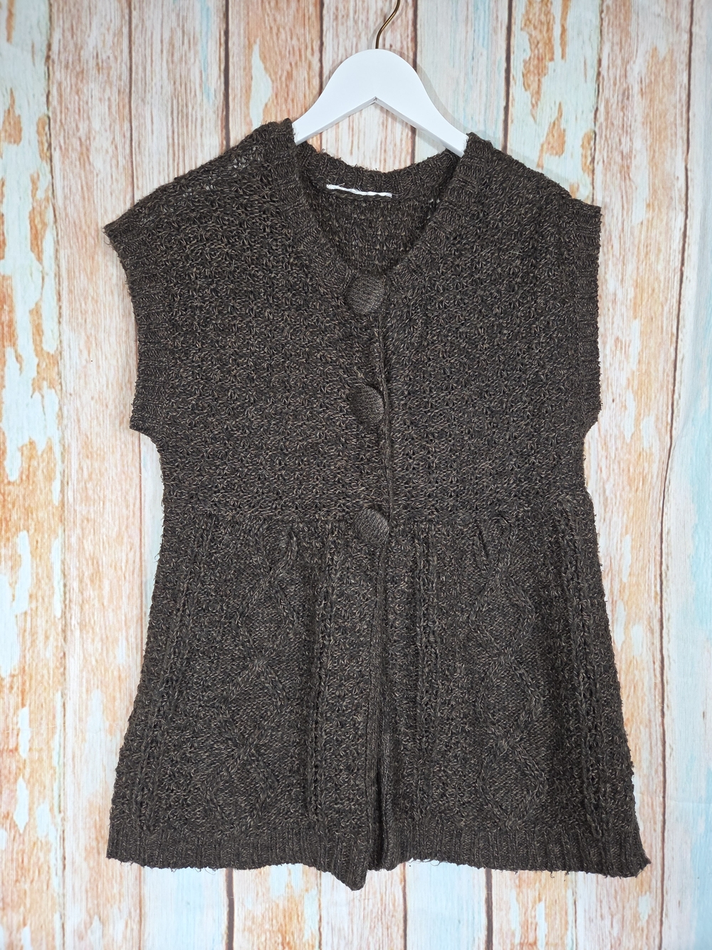 Brown Cable Knit Button-Front Sleeveless Vest